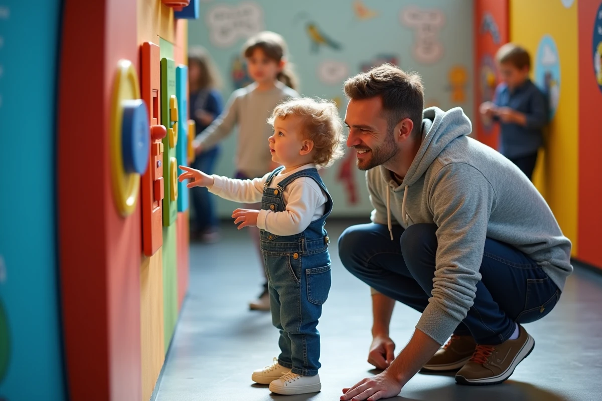 Père et enfant de 3 ans en famille recomposée explorant un musée pour enfants à Paris
