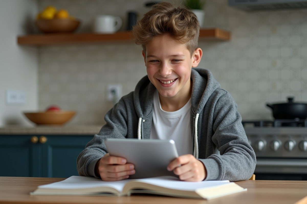 Adolescent souriant utilisant une tablette dans la cuisine