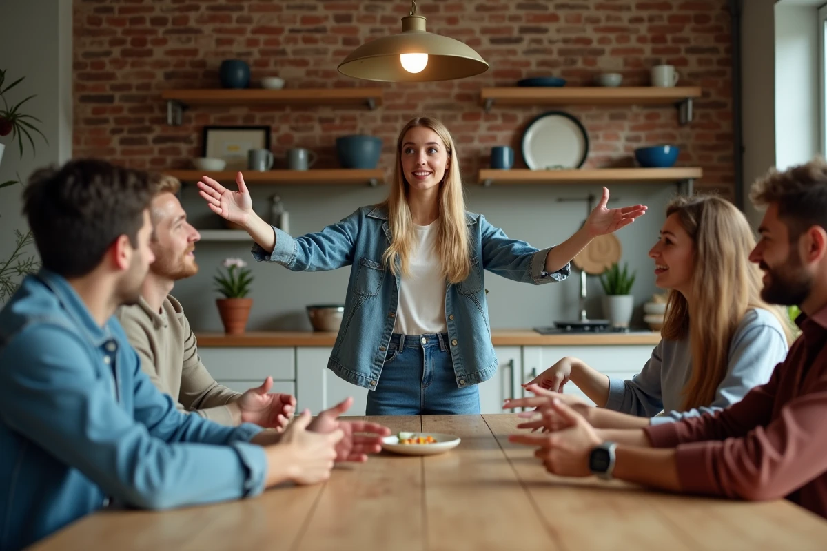 Groupe d'adultes jouant à un jeu de mime autour d'une table dans une cuisine loft, ambiance conviviale et amusante