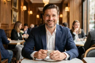 Animateur de télévision élégant assis dans un café parisien, souriant avec sérénité, illustrant la vie personnelle et le couple d'une personnalité médiatique
