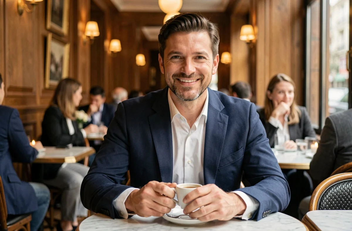 Animateur de télévision élégant assis dans un café parisien, souriant avec sérénité, illustrant la vie personnelle et le couple d'une personnalité médiatique