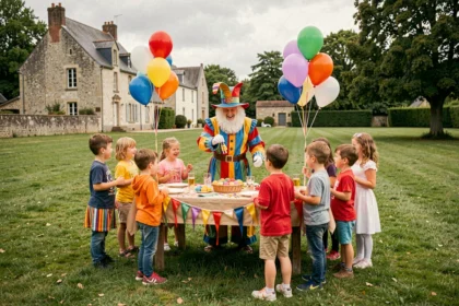 Animateur d'anniversaire professionnel lors d'une fête d'enfants en plein air dans les Hauts-de-France