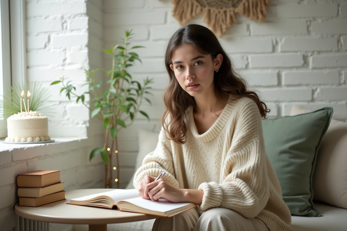 Jeune femme introvertie célébrant ses 18 ans en solo dans un espace cocooning avec un journal intime et un gâteau d'anniversaire