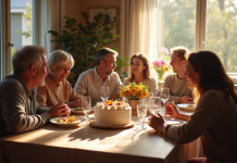 Famille multigenerations autour d'un repas anniversaire chaleureux