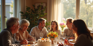 Famille multigenerations autour d'un repas anniversaire chaleureux