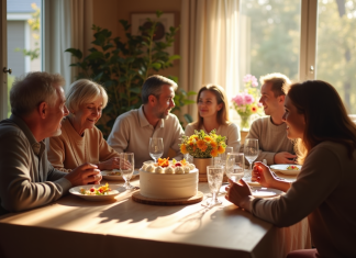 Famille multigenerations autour d'un repas anniversaire chaleureux