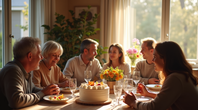 Le rôle des traditions familiales dans la célébration des cinq ans de mariage Famille multigenerations autour d'un repas anniversaire chaleureux