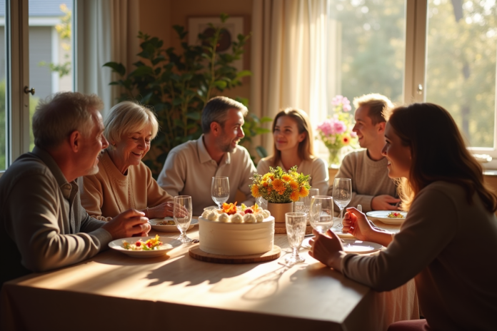 Famille multigenerations autour d'un repas anniversaire chaleureux