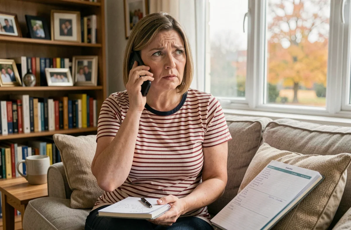Mère de famille contactant par téléphone le service client de la MAE pour une assurance scolaire