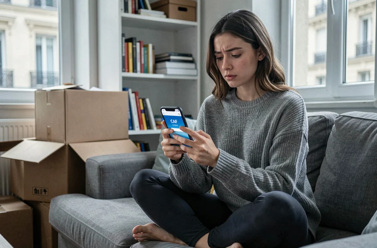 Jeune femme consultant l'application CAF sur smartphone entourée de cartons de déménagement après un changement d'adresse