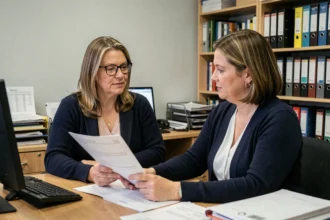 Assistante sociale recevant un client en consultation pour un dossier de surendettement dans un bureau administratif
