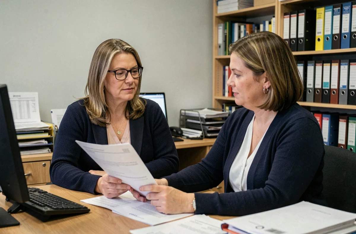 Assistante sociale recevant un client en consultation pour un dossier de surendettement dans un bureau administratif