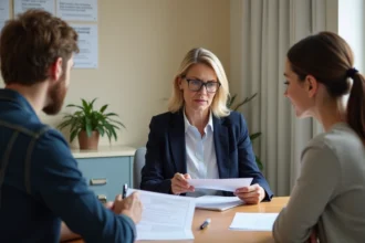 Assistante sociale aidant un couple à comprendre leurs droits au logement dans un bureau municipal