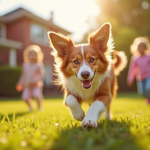 Participation du berger australien rouge merle dans les activités quotidiennes de la famille Chien Australian Shepherd rouge jouant avec des enfants dans un jardin ensoleille