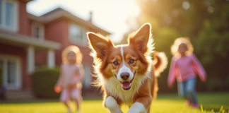 Chien Australian Shepherd rouge jouant avec des enfants dans un jardin ensoleille