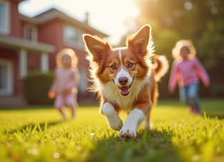 Chien Australian Shepherd rouge jouant avec des enfants dans un jardin ensoleille