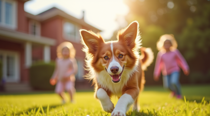 Participation du berger australien rouge merle dans les activités quotidiennes de la famille Chien Australian Shepherd rouge jouant avec des enfants dans un jardin ensoleille