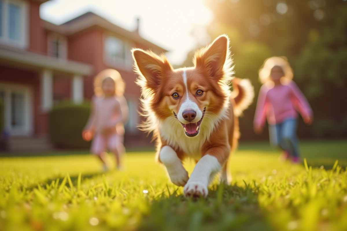 Chien Australian Shepherd rouge jouant avec des enfants dans un jardin ensoleille