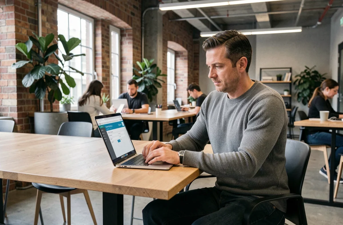 Auto-entrepreneur remplissant une demande d'aide financière CAF en ligne dans un espace de coworking