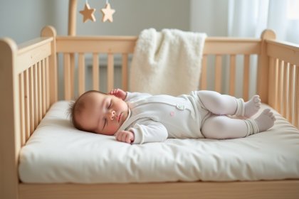 Bébé endormi dans un berceau en bois dans la nurserie