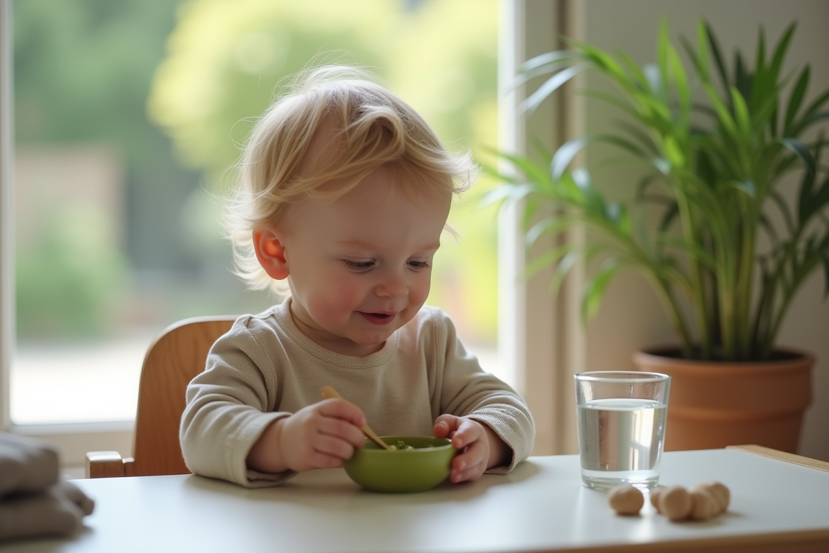 Bebe garçon de 9 mois explorant une purée verte avec ses mains