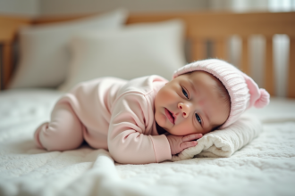 Bébé fille nouveau-née dans un berceau en bois