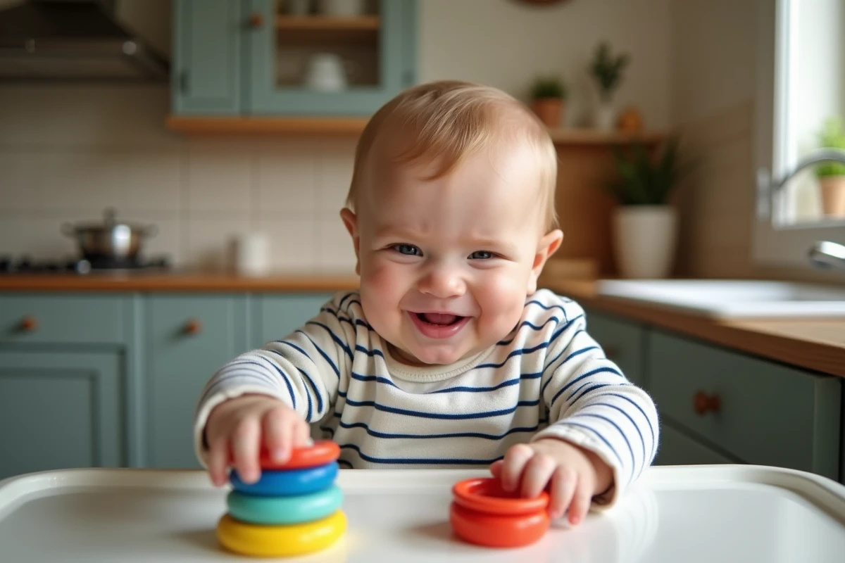Bébé garçon de 7 mois jouant dans la cuisine française