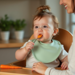 Première purée bébé : Quel légume choisir en priorité ? Bebe fille de 7 mois mangeant sa premiere purée de carotte