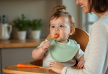 Bebe fille de 7 mois mangeant sa premiere purée de carotte
