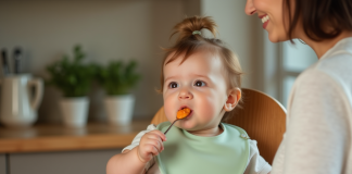 Bebe fille de 7 mois mangeant sa premiere purée de carotte