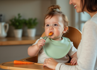 Première purée bébé : Quel légume choisir en priorité ? Bebe fille de 7 mois mangeant sa premiere purée de carotte