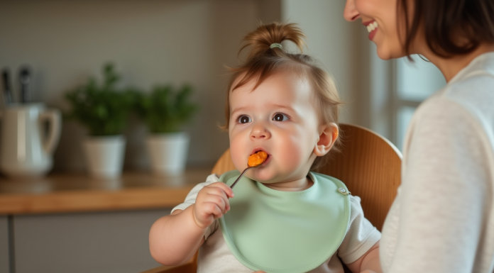 Première purée bébé : Quel légume choisir en priorité ? Bebe fille de 7 mois mangeant sa premiere purée de carotte