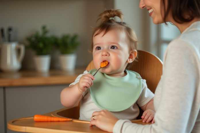 Bebe fille de 7 mois mangeant sa premiere purée de carotte