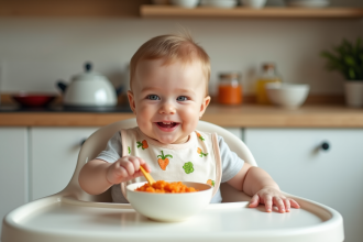 Bébé souriant dans une chaise haute avec purée de légumes