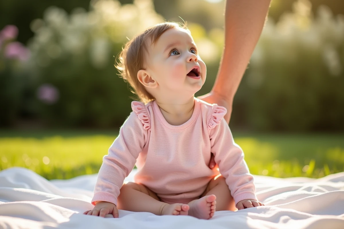 Bébé fille en robe rose dans un jardin ensoleille