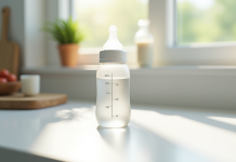 Biberon pour bébé rempli à 300 ml sur plan de travail blanc