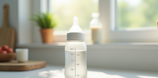 Biberon pour bébé rempli à 300 ml sur plan de travail blanc