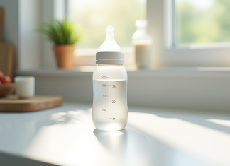 Biberon pour bébé rempli à 300 ml sur plan de travail blanc