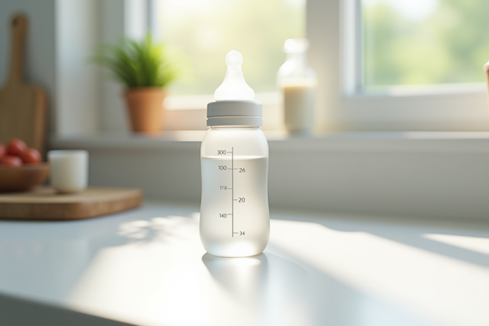 biberon-enfant-kitchen-lumiere Biberon pour bébé rempli à 300 ml sur plan de travail blanc