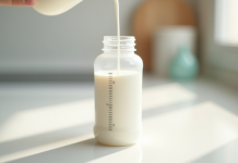Biberon rempli à 80 ml de lait sur plan blanc
