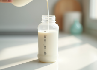 Biberon rempli à 80 ml de lait sur plan blanc