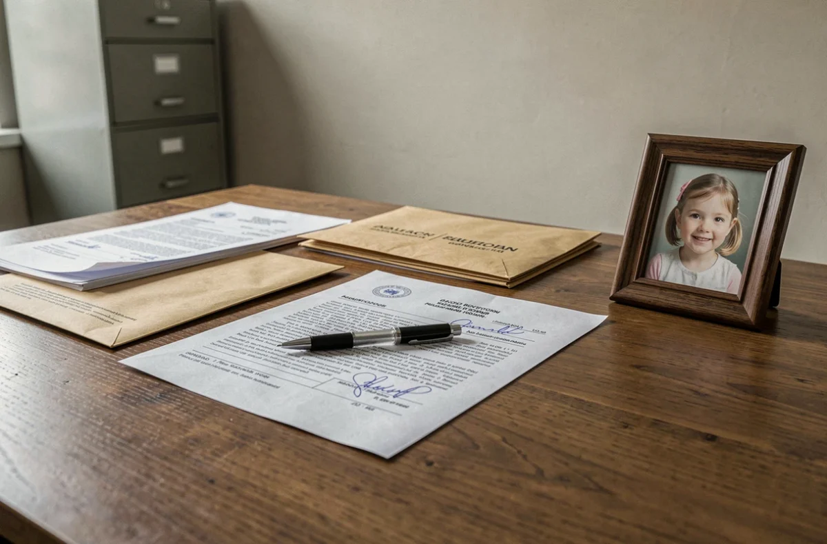Bureau administratif avec des documents officiels d'adoption internationale tamponnés, symbolisant les enjeux de confiance envers une agence d'adoption