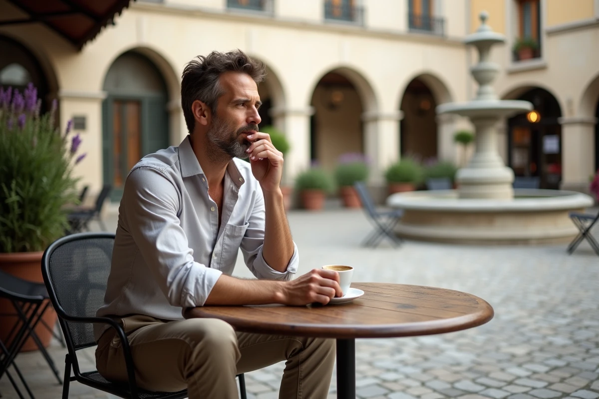Homme savourant un café en terrasse dans un village pittoresque d'Île-de-France pour une journée de détente