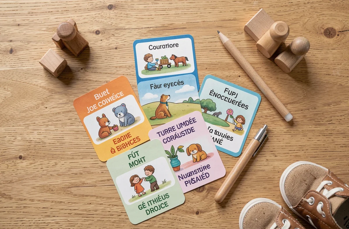 Vue à plat de cartes parlantes Montessori illustrées disposées sur une table en bois avec un stylet NFC et des jouets en bois