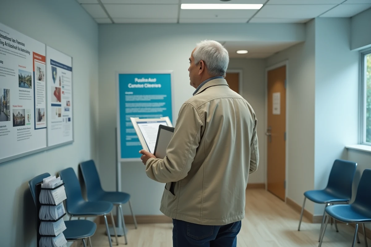 Homme consultant un panneau d'information sur les aides au logement dans un centre d'action sociale