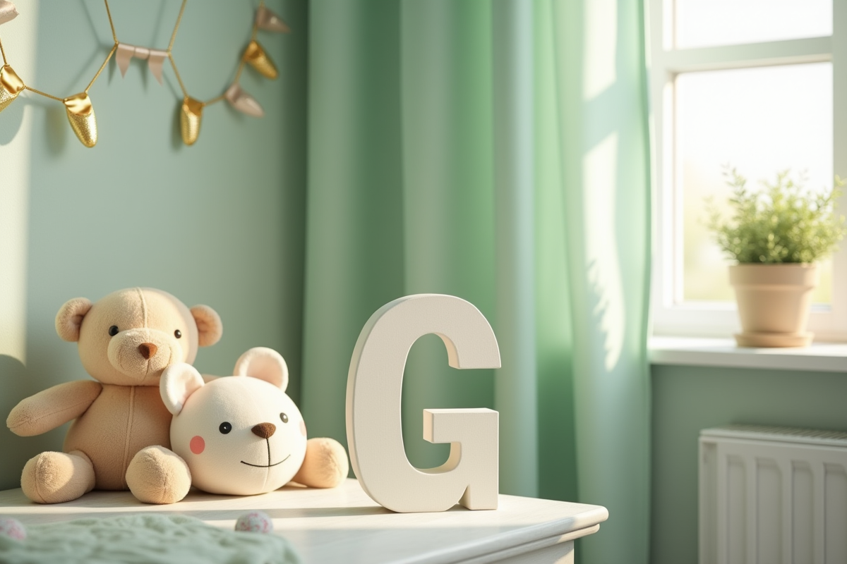 Chambre de bébé décorée en vert pastel avec lettre G en bois