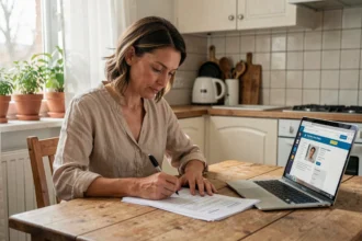 Femme remplissant un formulaire de changement d'adresse CAF à la table de sa cuisine avec un ordinateur portable ouvert