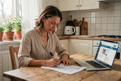 Femme remplissant un formulaire de changement d'adresse CAF à la table de sa cuisine avec un ordinateur portable ouvert