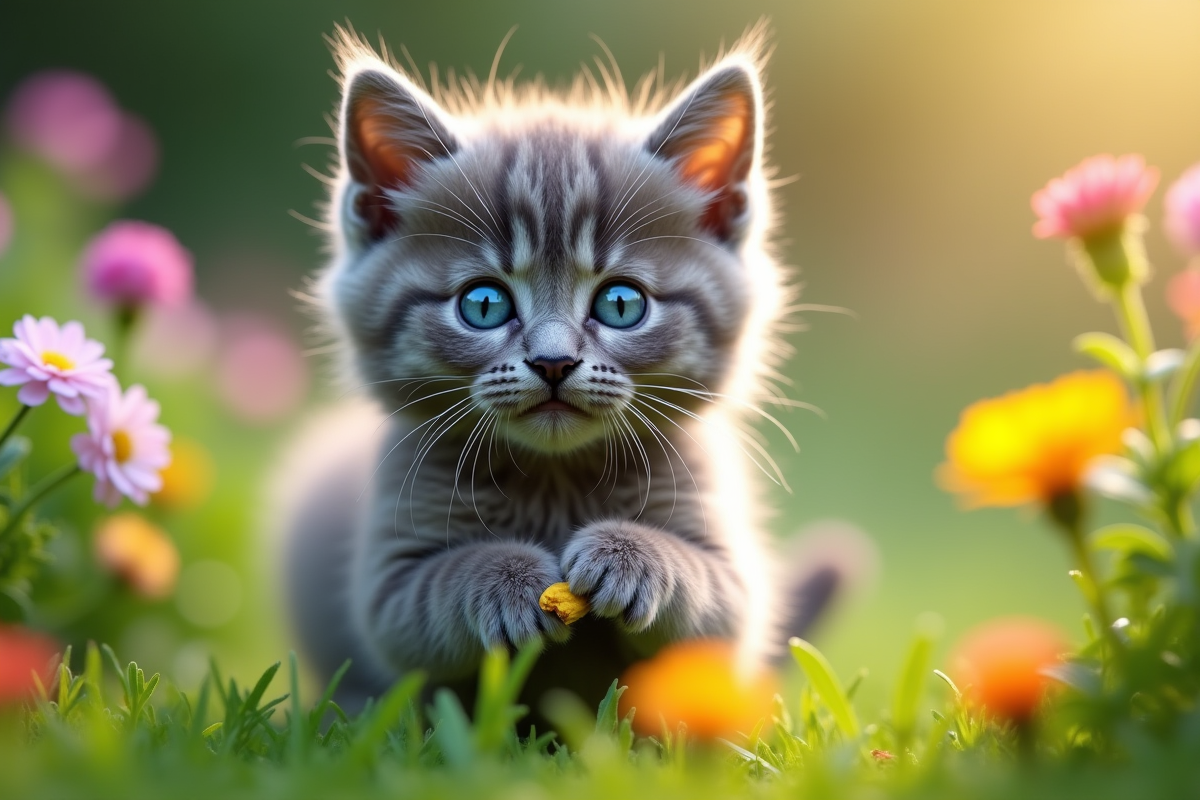 Chaton gris aux yeux bleus joue dans un jardin vert