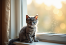 Chaton gris aux yeux bleus sur une fenêtre ensoleillée
